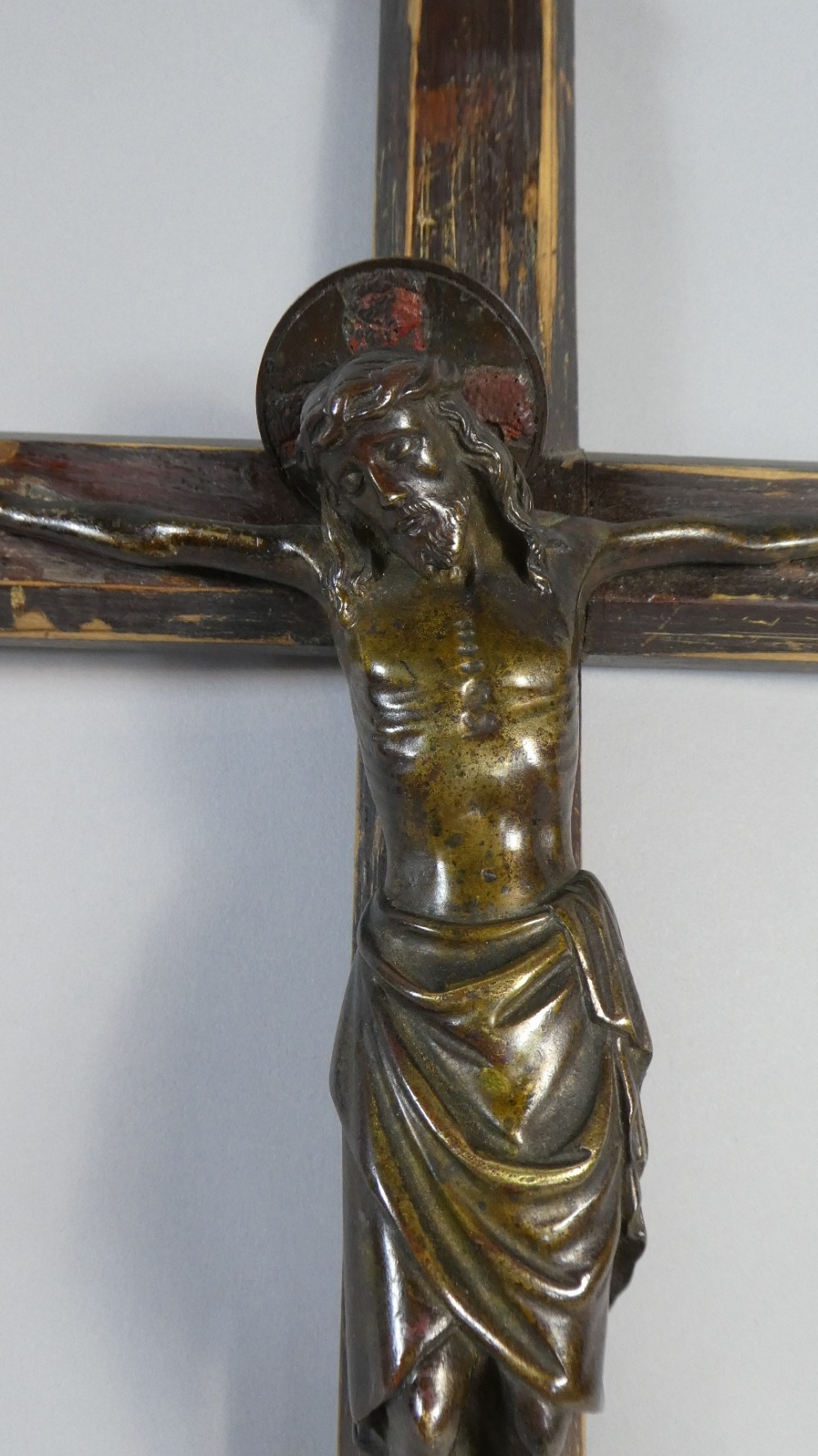 A 19th Century Bronze Corpus Christi Mounted on a Varnished Pine Crucifix. - Image 2 of 2