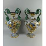 A Pair of Impressive Continental Hand Painted Urn Shaped Vases Decorated in Multicoloured Enamels