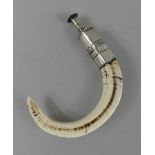 A French White Metal Mounted Hunting Whistle, Formed from a Boars Tusk.