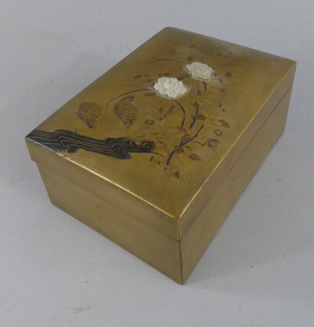 A Pretty Japanese Gilt and Lacquer Box, with Applied Mother of Pearl Flowers,