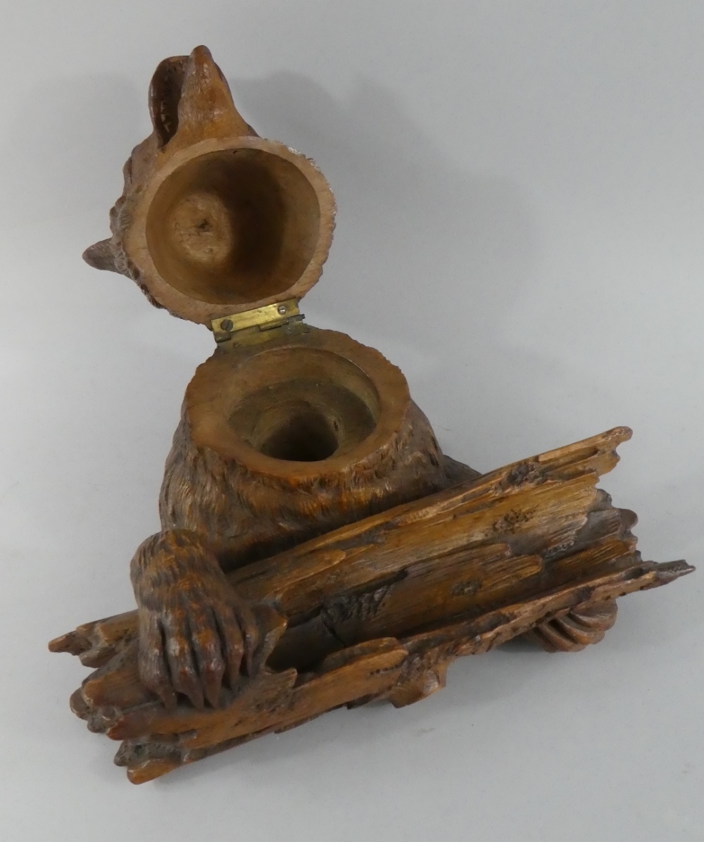 A Charming 19th Century Black Forest Inkwell and Pen Rest Carved as a Bear Holding Log. - Image 2 of 4