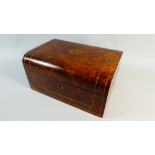 A 19th Century Burr Walnut String Inlaid Ladies Work or Jewellery Box with Buttoned Satin Lined