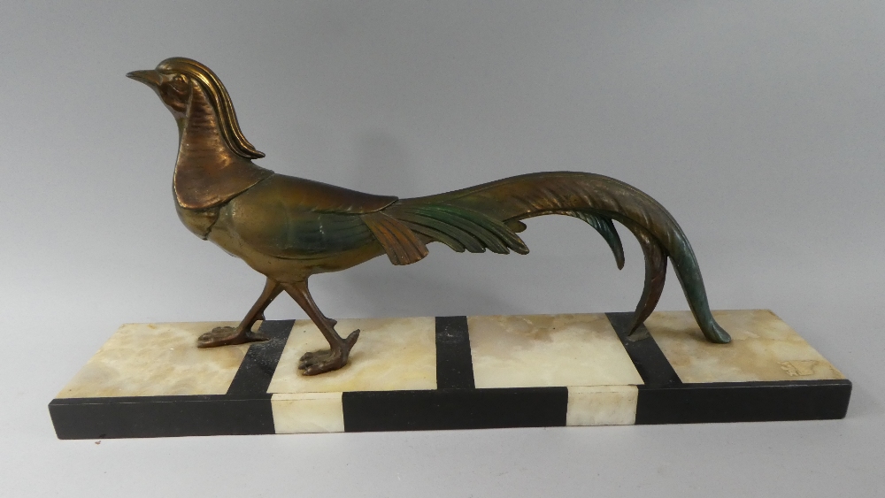 A French Art Deco Bronzed Spelter Study of a Pheasant on Marble Rectangular Plinth.