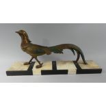 A French Art Deco Bronzed Spelter Study of a Pheasant on Marble Rectangular Plinth.