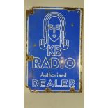 An Early 20th Century Double Sided Advertising Sign for KB Radio in Blue and White Vitreous Enamel.