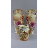 A Pair of Mid 20th Century Rose Patterned Ceramic Vases and a Royal Doulton Rustic England Jug No.