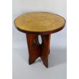 A Late 19th Century Arts and Crafts Oak Liberty Style Centre Table with an Engraved Brass Top over