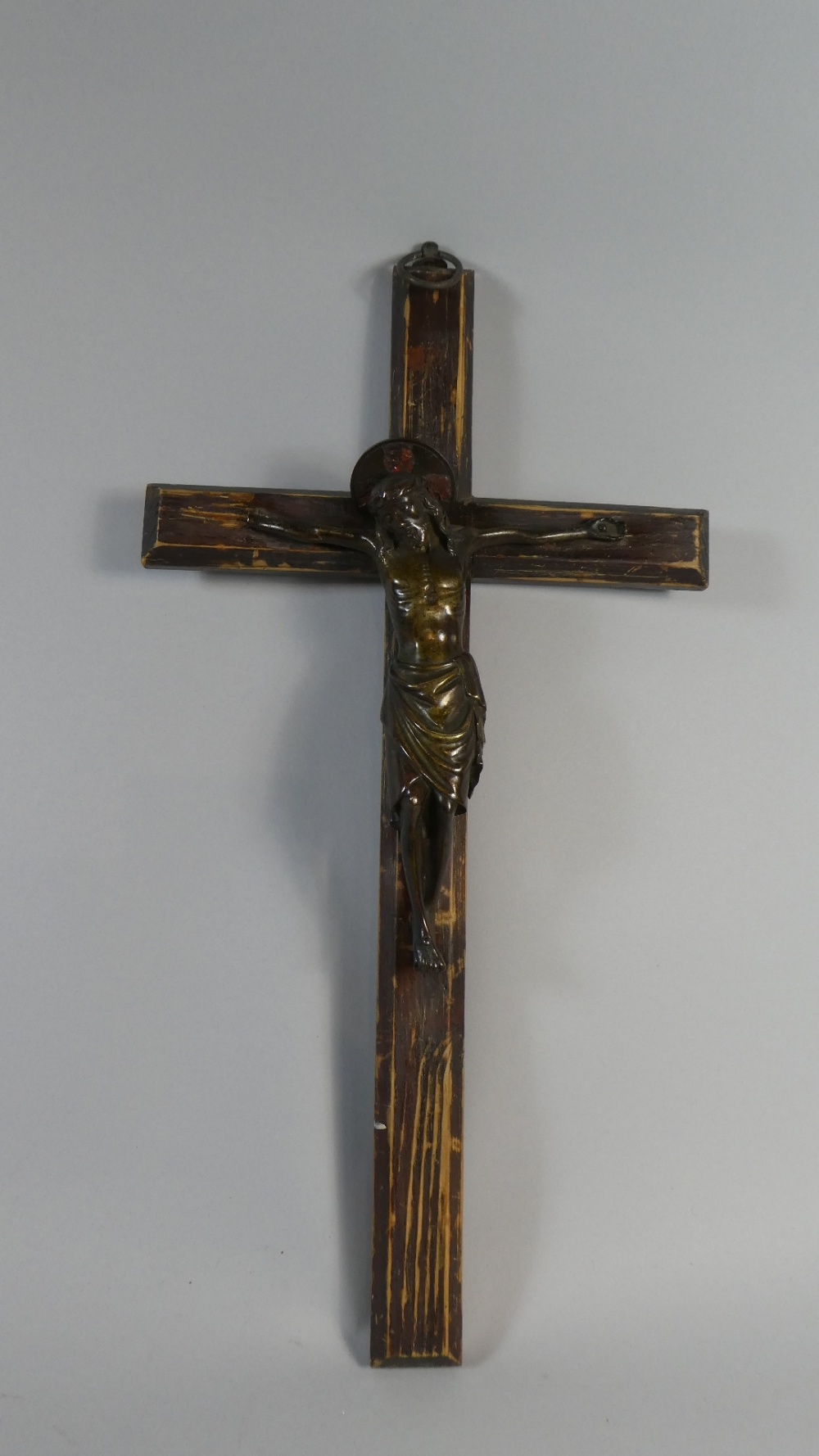 A 19th Century Bronze Corpus Christi Mounted on a Varnished Pine Crucifix.