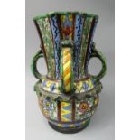 A Portuguese Terracotta Octagonal vase with Four Handles and Frill Decoration to Centre,