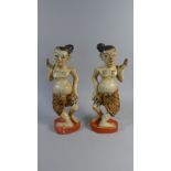 A Pair of Early 20th Century Carved Wood Balinese Dancing Girl Figures with Original Polychrome