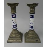 A Pair of Metal Candle Sticks with Ceramic Centres with Imari Colourway Design, One AF,