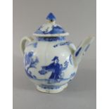 A Japanese Blue and White Teapot Painted with Family Fishing Scene, Body Slightly Ribbed,