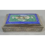 An Indo Persian White Metal Lidded Box, Hinged Lid with Ceramic Panel depicting Antelope,