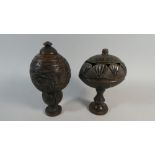 Two 19th Century Coconut Cups, Both with Lids and Chip Carved Decoration.