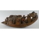 A Very Nicely Carved 19th Century Sailing Junk, Carved with Fishing Baskets, Nets, Fishermen,