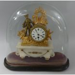 A Cased French Mantle Clock Under Glass Dome with Gilt Figural Decoration Supported on Alabaster