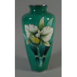 A Nice Quality Japanese Cloisonne Vase, Iris on Green Ground, Silver Plated Rim and Foot.