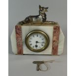 A French Art Deco Mantle Clock In White and Pink Marble with German Shepherd Mount,