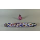 A Victorian Glass Rolling Pin and Coloured Glass Scent Bottle
