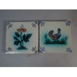 Two French Decorated Tiles with Chicken and Flower