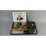 A Collection of Three Brass Fly Fishing Reels and Cigar Box Containing Lines, Hooks,