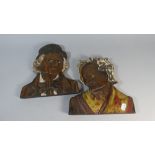 A Pair of Carved Wooden Wall Hanging Plaques Depicting Elderly Gent and His Wife,