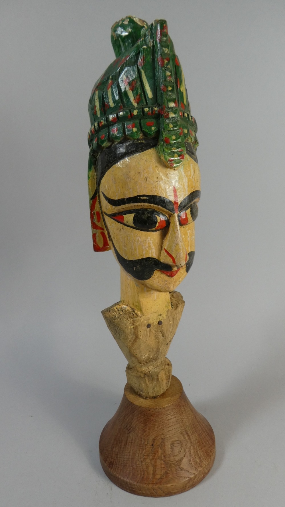An Indian Painted Puppet Head In Carved Wooden On Later Turned Stand, - Bild 2 aus 2