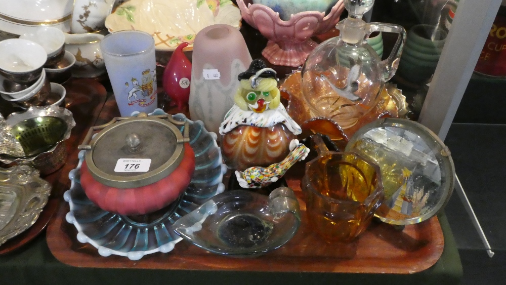 A Tray of Coloured Glassware to Include Italian Clown, Carnival Glass Bowls,
