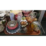 A Tray of Coloured Glassware to Include Italian Clown, Carnival Glass Bowls,