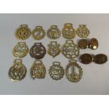 A Collection of Various Horse Brasses and Leather Strap Mounts
