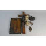 A Collection of Religious Items to Include Wall Hanging Crucifix with Bronze Corpus Christy,
