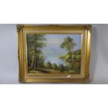 A Gilt Framed Oil on Board Depicting Woodland Lake, 39cm Wide