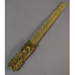 An Japanese Brass Page Turner Decorated with Flowers, Insects and Owl for Wisdom, Handle with Stag