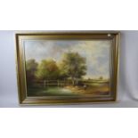 A Gilt Framed Oil on Canvas Depicting Bridge Over Stream with Figures and Dog, 75cm Wide, Signed