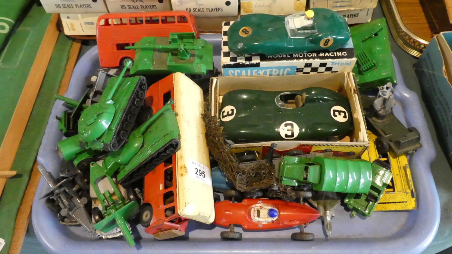 A Tray of Various Diecast and Other Toys to Include Three Scalextric Racing Cars, Military Vehicles,