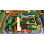 A Tray of Various Diecast and Other Toys to Include Three Scalextric Racing Cars, Military Vehicles,