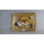 A Framed Naive Oil on Board Depicting Sleeping Fox Hounds, 30cm Wide