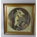 A Framed Textured Print Depicting Horses and Pigeons