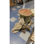 A Collection of Reconstituted Stone Garden Patio Ornaments to Include Pelican Bird Bath, Otter,