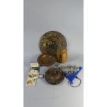 A Tray Containing Various Treen Ware, Matador Ash Tray, Cufflinks, Ronson Varaflame Lighter, Fan Etc