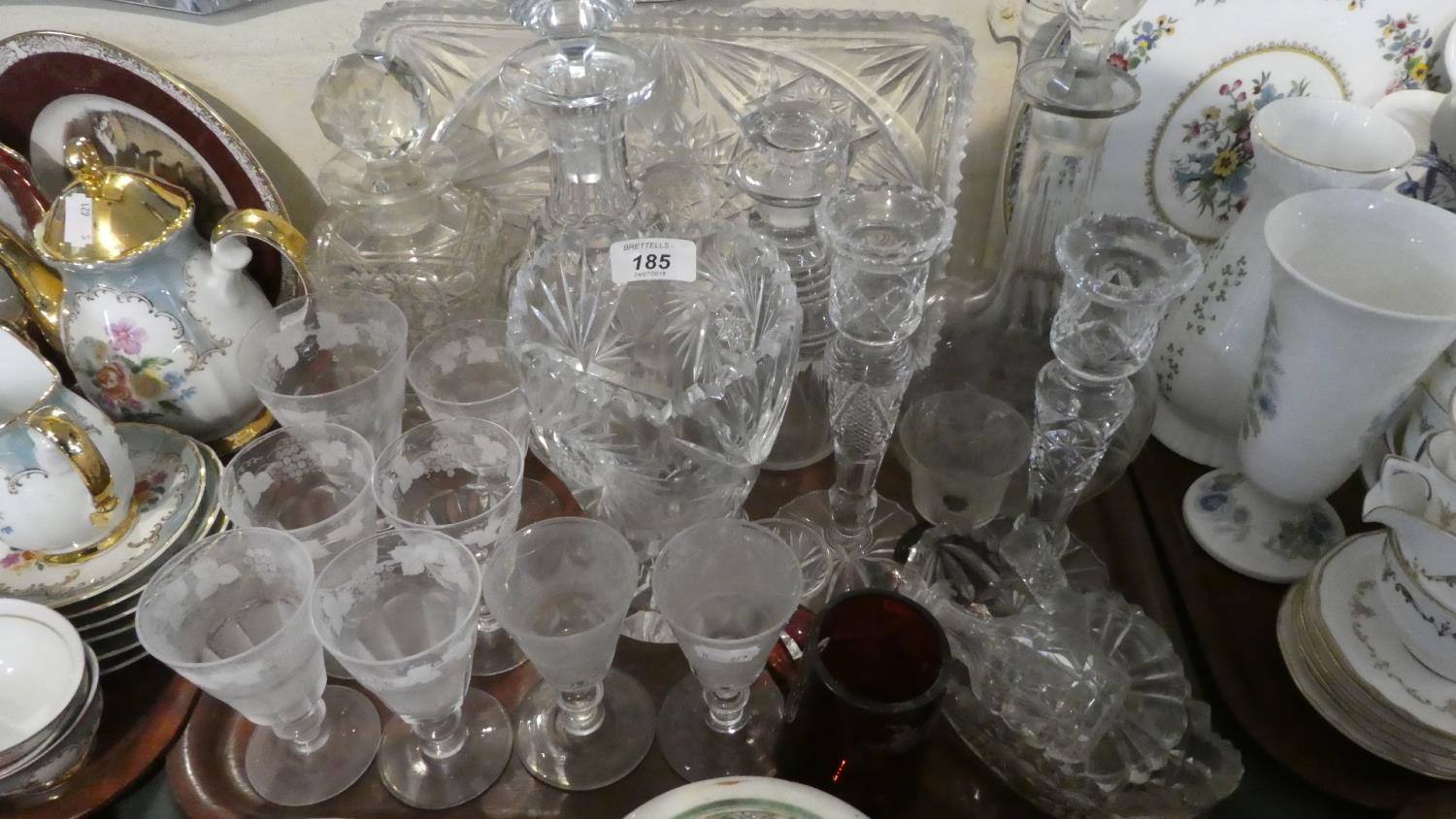 A Tray of Glassware to Include Etched Wines and Ale Glasses, Cut Glass Candle Sticks, Four Candle