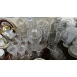 A Tray of Glassware to Include Etched Wines and Ale Glasses, Cut Glass Candle Sticks, Four Candle