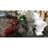 A Tray of Opaque, Cranberry and Coloured Glass Vases, Jugs, Decanter etc