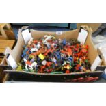 A Box Containing a Large Quantity of Plastic Toy Figures Including Cowboy and Indians, Vikings,