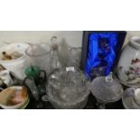 A Tray of Glassware to Include Three Decanters, Etched Celery Glass, Bowls Etc
