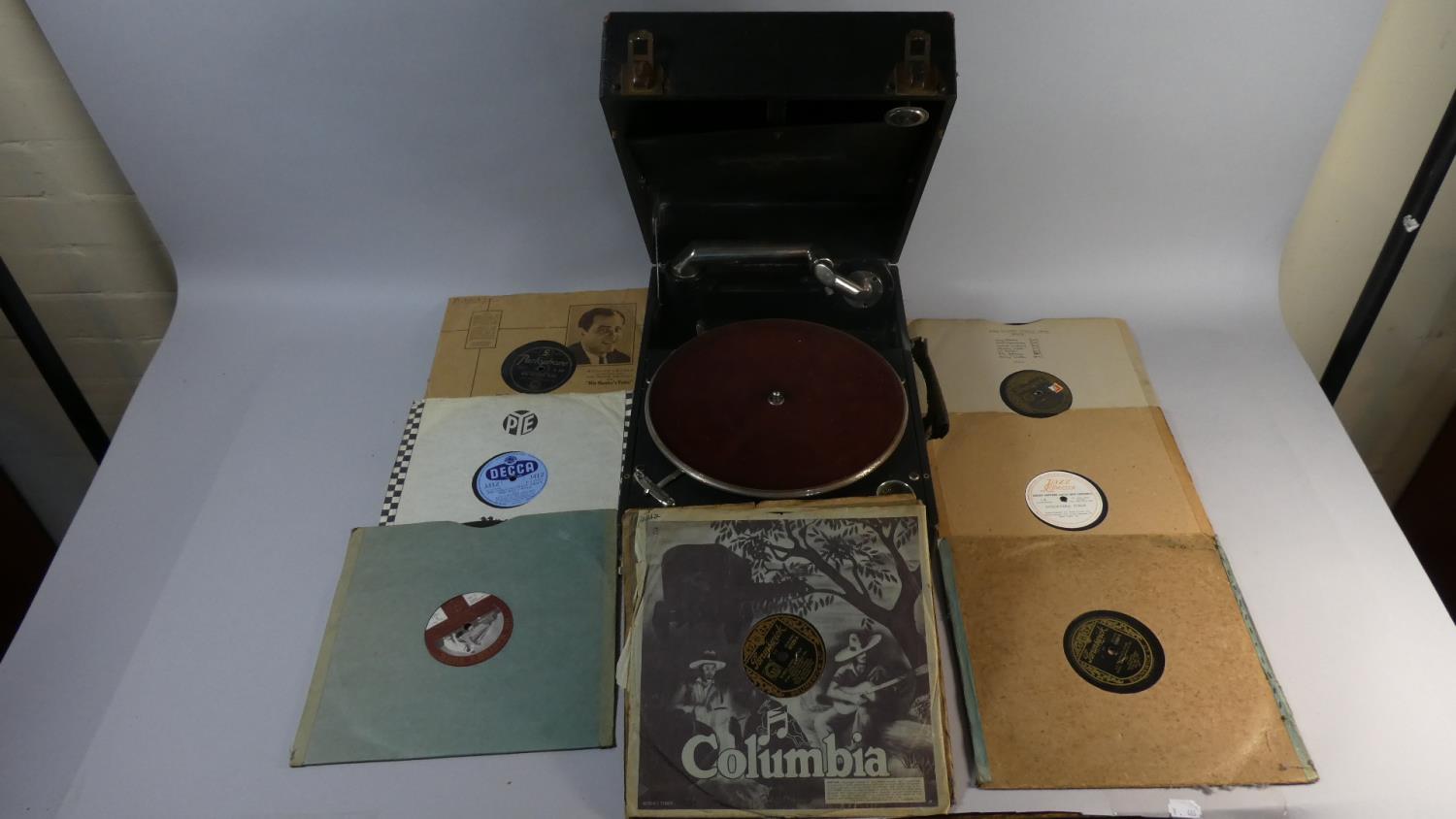 A Vintage Columbia Grafonola Wind Up Gramophone Together with a Collection of 78rpm Records