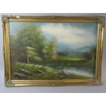 A Gilt Framed Oil on Canvas Depicting River and Woodland Landscape, 73cm Wide Signed M Burton