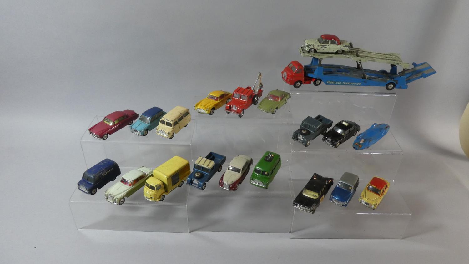 A Tray Containing Twenty Vintage Playworn Corgi Toys to Include Car Transporter, Cars, Landrovers,