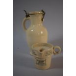 A Clarke's Pyramid Night Light Oil Jug and a Glazed Lidded Container Inscribed this Jug is the