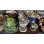 A Tray of Ceramics to Include Silver Plate Mounted Jasperware Biscuit Barrel, Three Lager Steins,